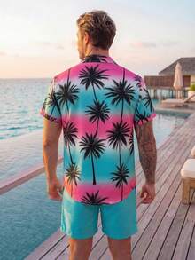 VIVINTIMO 男士夏季度假风格热带印花短袖衬衫和抽绳腰短裤套装，夏威夷 BeachModeOn 男士度假服装男士沙滩衬衫 - 彩色 - 查看 2