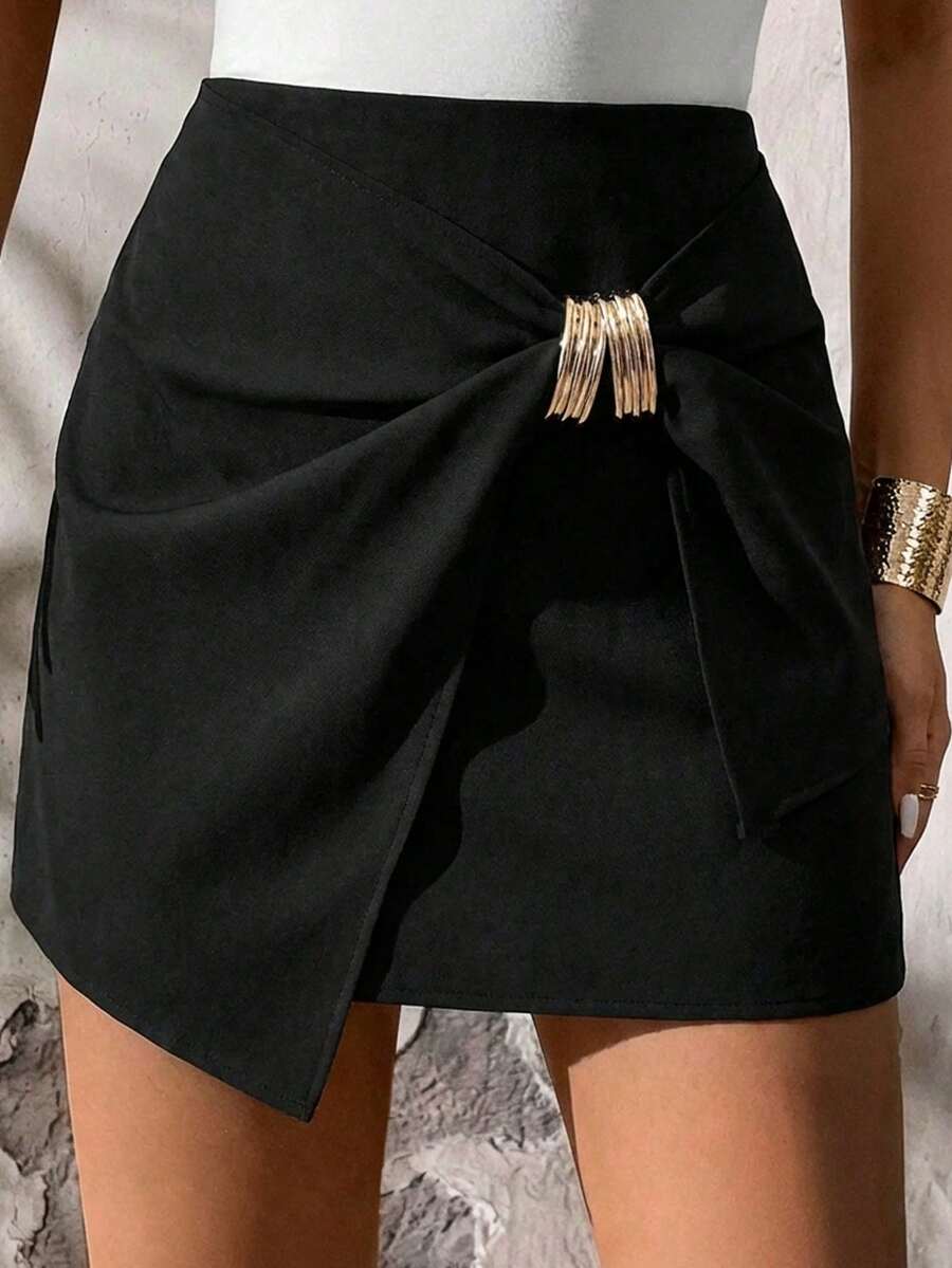Editum Women's Elegant Asymmetric Black N Gold Mini Skirt,Autumn Classy Solid Color Slit Wrap Skirts For Bar Party,Office Work,Minimalist Tie Skirt - Black - View 1