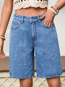 Breezaya Quần short denim nữ dáng rộng, thoải mái, thêu nơ, kiểu dáng thường ngày. - Rửa trung bình - Xem 1