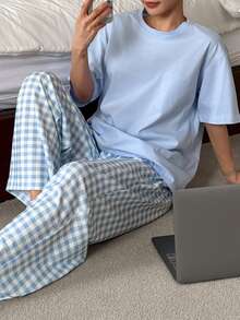 DAZY Minimalist Round Neck T-Shirt Top And Plaid Pants Home Wear Pajamas Set, Back To School Clothes - Baby Blue - View 3