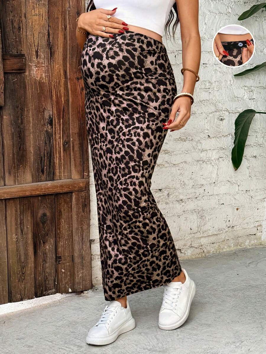 SHEIN 可调节腰围豹纹印花休闲百搭孕妇裙 - 棕色 - 查看 1