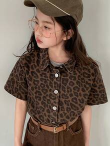 Dazy Kids Áo khoác dài tay cổ bẻ bằng vải denim họa tiết da báo cho bé gái tuổi teen, mùa thu. - màu nâu - Xem 7