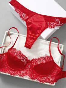 Set de lencería panel con encaje de pestaña con aro - Rojo - Ver 3