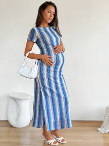 SHEIN 夏季孕妇休闲条纹短袖连衣裙 - 藍白色 - 查看 3