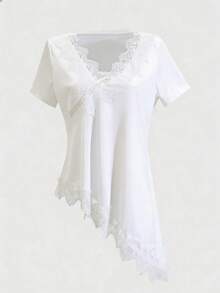 Opuloom 女士时尚优雅荷叶边领蕾丝边吊带背心，适合情人节、婚礼、节日、休闲外出、派对等场合，采用不对称下摆和弹力缎面面料。 - 白色 - 查看 8