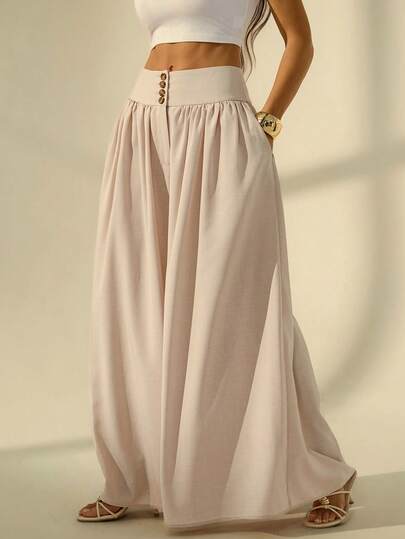 SHEIN Tall Quần ống rộng dáng suông thời trang thanh lịch, họa tiết hoa, khóa cài, màu kaki vải lanh, thích hợp cho Lễ Tạ ơn, Halloween, mùa xuân/hè. Quần ống rộng dài, quần hè, quần xếp ly ống rộng, quần dài ống rộng.