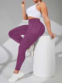 Auralis Leggings de cintura alta con compresión y bolsillos para tallas grandes - Púrpura malva - Ver 4