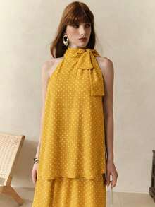Arave 法式波点无袖上衣和半裙套装，适合通勤和度假 - 黃色 - 查看 7