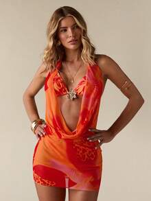 SHEIN BAE 3 piezas Conjunto de vestido de playa con estampado floral para mujer, vacaciones en la playa - Naranja - Ver 6