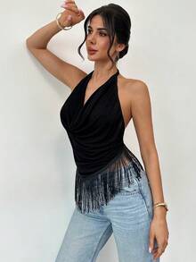 Firerie Áo hai dây cổ xếp ly màu trơn có tua rua dành cho nữ, thích hợp cho kỳ nghỉ. - màu đen - Xem 8