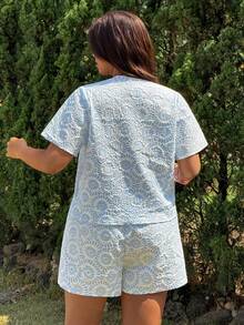 GalTyme Plus Size Women Blue And White Summer Boho Vacation Holiday Jacquard Tie Front Short Sleeve Top And Shorts 2 Pieces Set,Elegant Casual - Blue - View 2