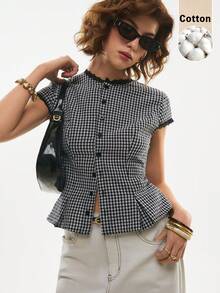 Poéselle Women's Cotton Gingham Lace-Trim Peplum Button-Down Blouse – Short-Sleeve Tie-Back Vintage Shirt Gingham Blouse, Peplum Top, Lace Trim Shirt, Tie Back Top, Vintage Gingham, Cottagecore Blouse, Black And White Check, Summer Button Up Women Casual Plaid Lace Trim Blouse, Summer,Summer Top - Black and White - View 2