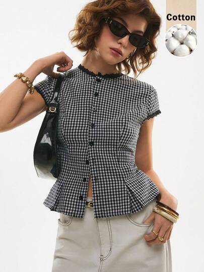Poéselle Women's Cotton Gingham Lace-Trim Peplum Button-Down Blouse – Short-Sleeve Tie-Back Vintage Shirt Gingham Blouse, Peplum Top, Lace Trim Shirt, Tie Back Top, Vintage Gingham, Cottagecore Blouse, Black And White Check, Summer Button Up Women Casual Plaid Lace Trim Blouse, Summer,Summer Top