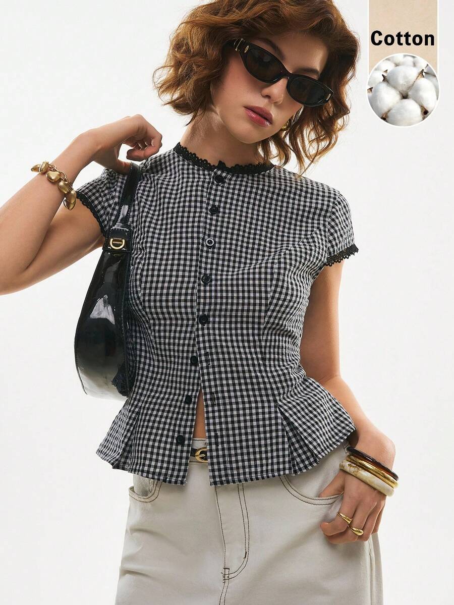 Poéselle Women's Cotton Gingham Lace-Trim Peplum Button-Down Blouse – Short-Sleeve Tie-Back Vintage Shirt Gingham Blouse, Peplum Top, Lace Trim Shirt, Tie Back Top, Vintage Gingham, Cottagecore Blouse, Black And White Check, Summer Button Up Women Casual Plaid Lace Trim Blouse, Summer,Summer Top