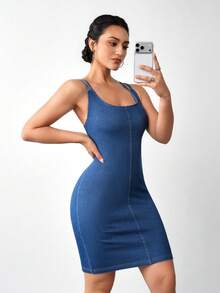 Flexra Đầm denim ôm sát người với dây đeo mảnh, chất liệu dệt kim co giãn, thích hợp cho mùa hè. - Màu xanh lam - Xem 6