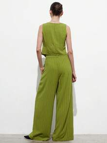 Aveloria Modichic 2pcs Set: Linen Striped Casual Vest Top & Loose Wide Leg Pants, Commuting Versatile - Green - View 3
