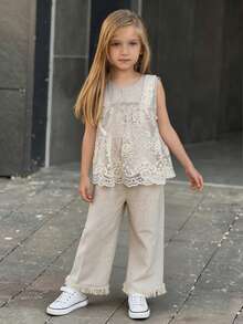 DAZY Tween Girls Sleeveless Lace Ruffle Blouse & Pants Set, Fall Outfit Summer - Apricot - View 5