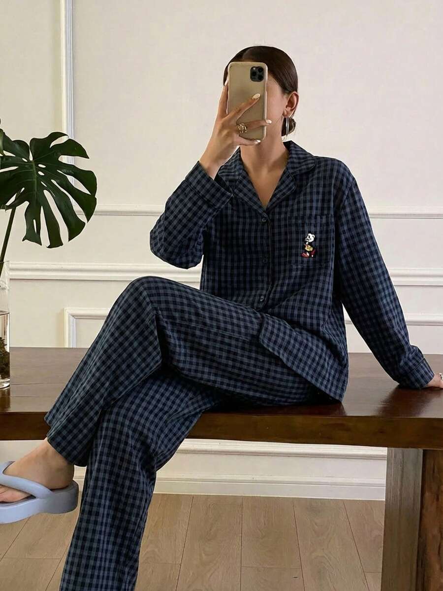 DAZY 2pcs/Set Women's Plaid Embroidery Pattern Long Sleeve Long Pants Pajama Set, Fall Clothes - Navy Blue - View 1