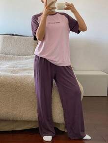 DAZY 2pcs Letter Print Raglan Sleeve Loose Short Sleeve Women Pajama Set - Purple - View 6