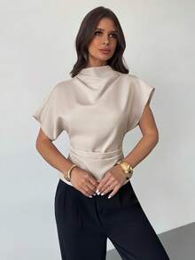 Firerie Wrinkled Collar Asymmetrical Sleeve Side Ruched Cinched Waist Commuter Apricot Bamboo Fiber Linen Blouse For Women, All Season,Summer Top - Apricot - View 4