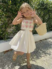 Vintaside Kids Young Girl Floral Pattern Ruffle Hollow Out Casual Vacation Slip Dress - White - View 1