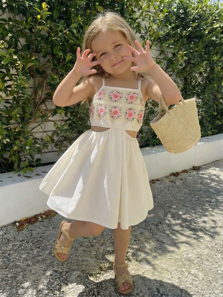 Vintaside Kids Young Girl Floral Pattern Ruffle Hollow Out Casual Vacation Slip Dress - White - View 1