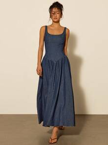 COSMINA Đầm denim dài không tay cổ chữ V sâu, xếp ly, thanh lịch dành cho nữ, đa năng cho đi làm, công sở, dạo phố, thắt eo, thích hợp cho đầu xuân. - Rửa tối - Xem 5