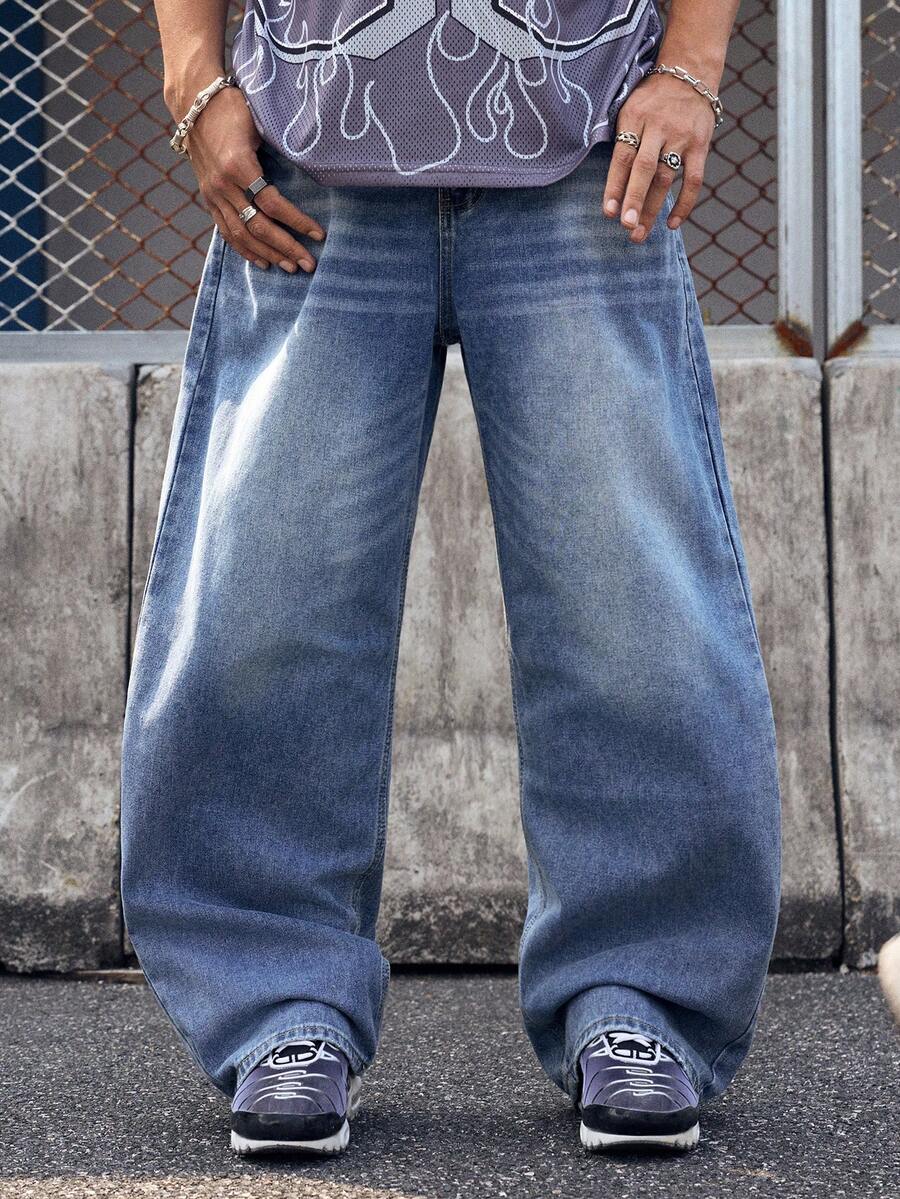 EVRINFINITE 1件 Hearty Haven 宽松休闲时尚百搭街头风阔腿直筒牛仔裤 - 藍色 - 查看 1