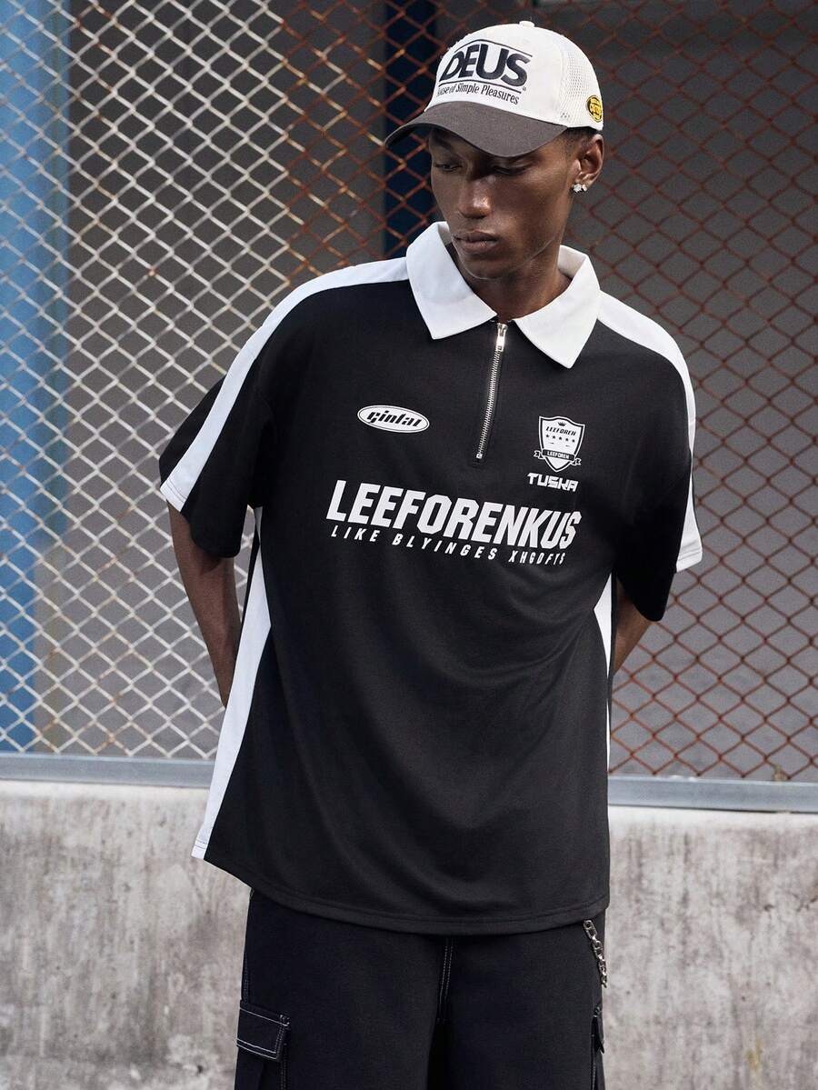 EVRINFINITE Men's Summer Zipper Half Placket Short Sleeve Casual & Commuting Polo Shirt With Letter Print - Black - View 1