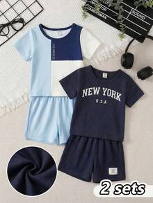 SHEIN 2件套男婴夏季休闲日常通勤字母印花撞色短袖T恤和短裤套装 - 彩色 - 查看 3