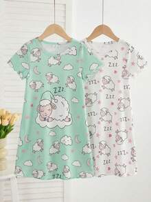 2pcs Young Girl Pajamas Set, Featuring Sheep & Moon Prints, Lightweight & Soft, Simple & Comfortable Design, Stretchy & Machine Washable (Sold Separately) Sweet Dreams Sleepwear Girls Nightgown - Multicolor - View 3