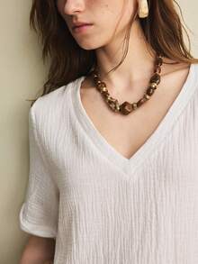 Écloséra 女士休闲度假风纯棉V领短袖衬衫 - 白色 - 查看 2