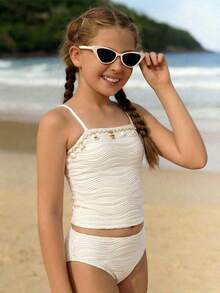 SHEIN 少女纹理面料吊带背心上衣和三角泳裤比基尼套装，适合海滩、泳池、休闲度假、春夏穿着 - 杏色 - 查看 5