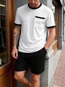Manfinity Homme Men's Contrast Color Splice Short Sleeve T-Shirt & Shorts Set Men 2 Pieces Outfit ... - Black and White - View 5