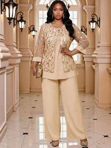 Fleurora Bộ đồ dự tiệc cỡ lớn sang trọng gồm áo và quần lưới đính sequin thêu. - Rượu sâm banh - Xem 5