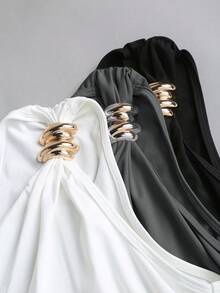 Sweetra 女士纯色极简不对称领金属扣上衣 - 彩色 - 查看 6