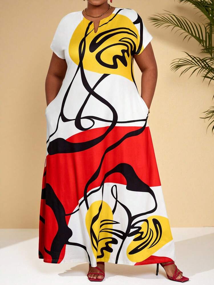 Plus Size Women Color Block Casual Party Vacation Dress, Suitable For Summer Summer Dress  Summer Outfits Summer Clothes Spring Dress Spring Outfit Women Spring Clothing Floral Dress Floral Dresses For Women Beach Vacation Outfits For Women Vacation Dress Bohemian Summer Holiday Outfits