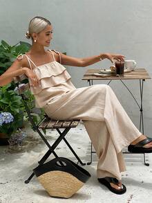 DAZY 两件套女士时尚荷叶边露脐吊带背心和高腰系带阔腿休闲裤夏季套装 - 杏色 - 查看 2