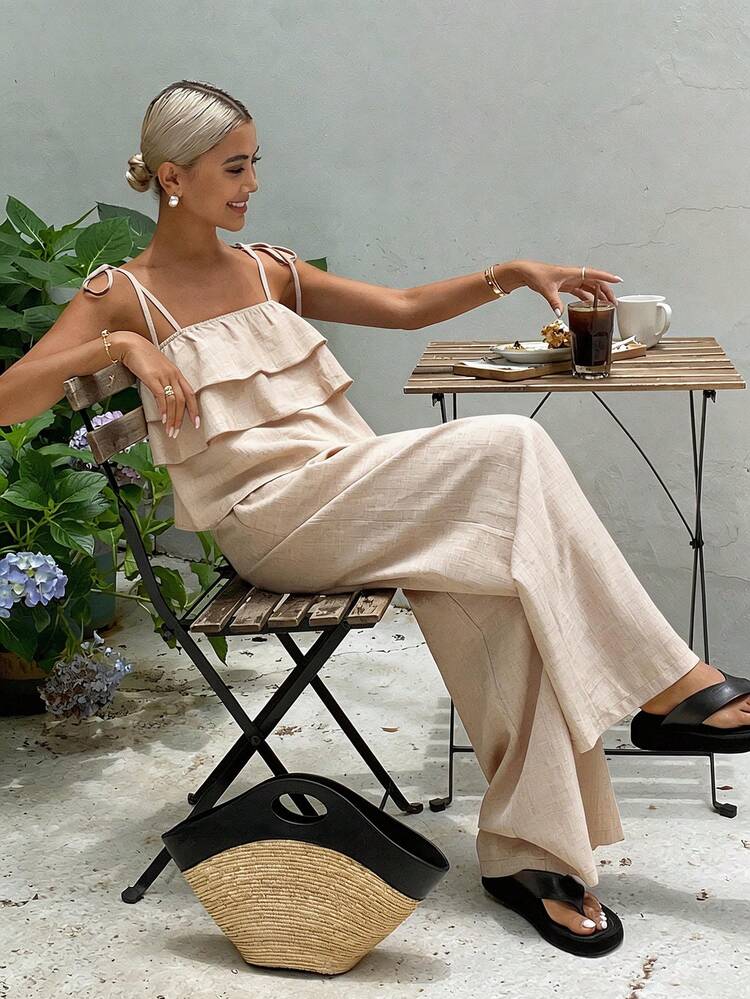 2pcs/Set Women's Fashion Ruffled Crop Camisole & High Waist Tie Waist Wide Leg Casual Pants Summer Outfit