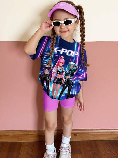 SHEIN 2pcs/Set Young Girl Cartoon Print Round Neck Short Sleeve T-Shirt And Casual Shorts, Suitable For Spring/Summer Daily Wear, Sports, Outdoor
