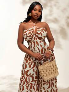 Radiana 大码女装时尚休闲性感都市度假系列露背吊带阔腿连体裤，几何印花，日常穿着，音乐节，百搭，热带风情，非洲印花，加勒比海风情，哈瓦那之夜，牙买加，科切拉音乐节，波西米亚风，外出，度假，海滩假期，假日，海滨，西部风情，演唱会，狂欢节派对，层次丰富，约会之夜，伊比沙岛，纳什维尔，休闲，简约，时尚，夜店，可爱，休闲，购物，街头风，外出，易于搭配，显瘦，凸显身材，展现迷人曲线 - 棕色 - 查看 3