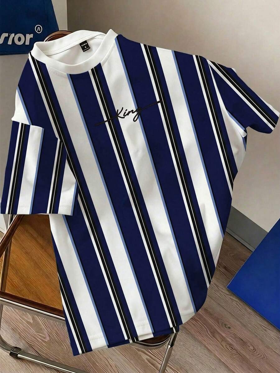 Manfinity Joysei Kaos Lengan Pendek Bergaris Blok Warna Kasual Pria, Musim Panas - Navy Blue - View 1