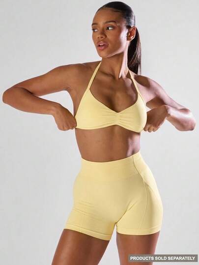 Musera Sport Solid Ruched Bust Open Back Halter Sports Bra, Active Comfy Workout Gym Running Run Club,Padel, Tennis, Pickleball Gym Fitness