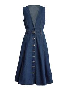 EMERY ROSE Mature Denim 女士纯色V领无袖休闲牛仔连衣裙，带口袋和前扣 - 藍色 - 查看 3
