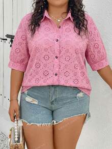 SHEIN CURVE+ Áo sơ mi nữ thêu họa tiết cỡ US22, thích hợp cho lễ hội âm nhạc, kỳ nghỉ bên bờ biển, phong cách bohemian, chất liệu vải dày dặn, dáng rộng, màu hồng thêu hình búp bê, thích hợp cho kỳ nghỉ. - Hồng - Xem 6