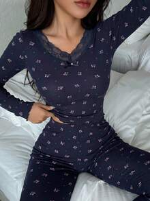 DAZY Lace Patchwork Floral Allover Print Lace Trim Top And Pants Pajama Set, Fall Winter Clothes - Blue - View 2