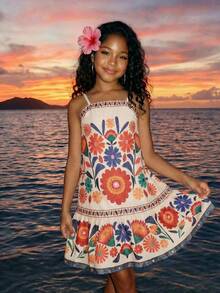 Robe midi ample à imprimé floral tropical pour pré-ado, robe de plage sans manches convenant pour l'été, la plage et les voyages - Multicolore - Voir 1