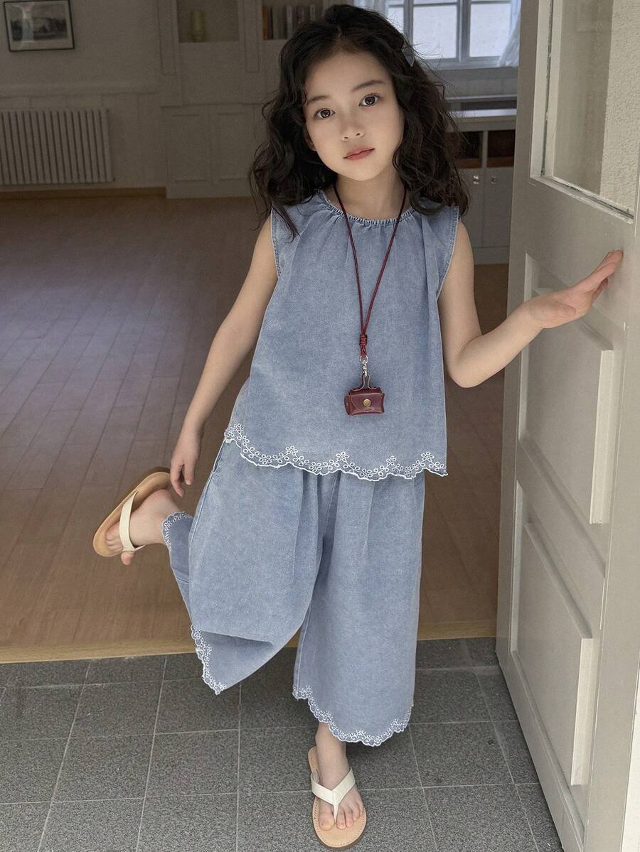 Young Girl Girls Denim Outfit, Fall Vacation - Light Wash - View 1