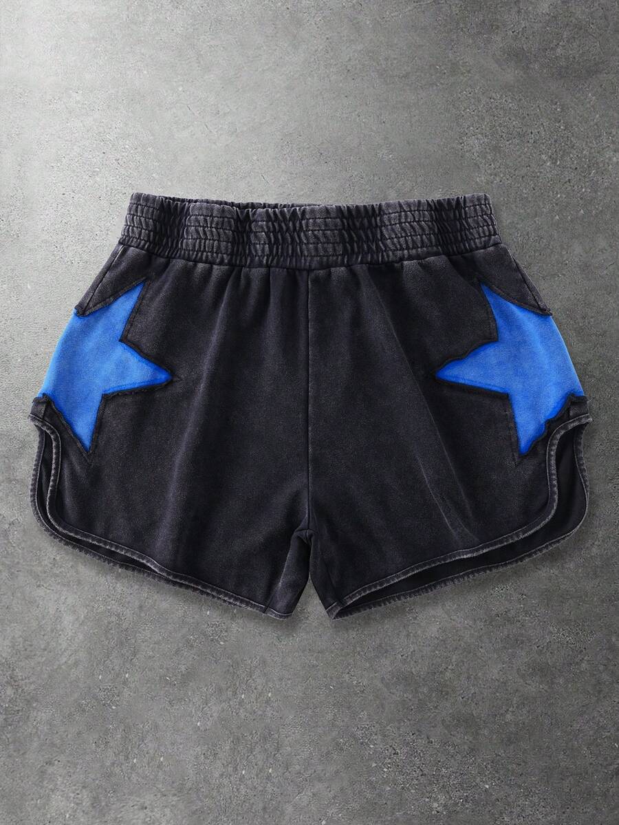 ROMWE MEN Street Life 男士休闲撞色星形印花短裤，夏季 - 黑色 - 查看 1