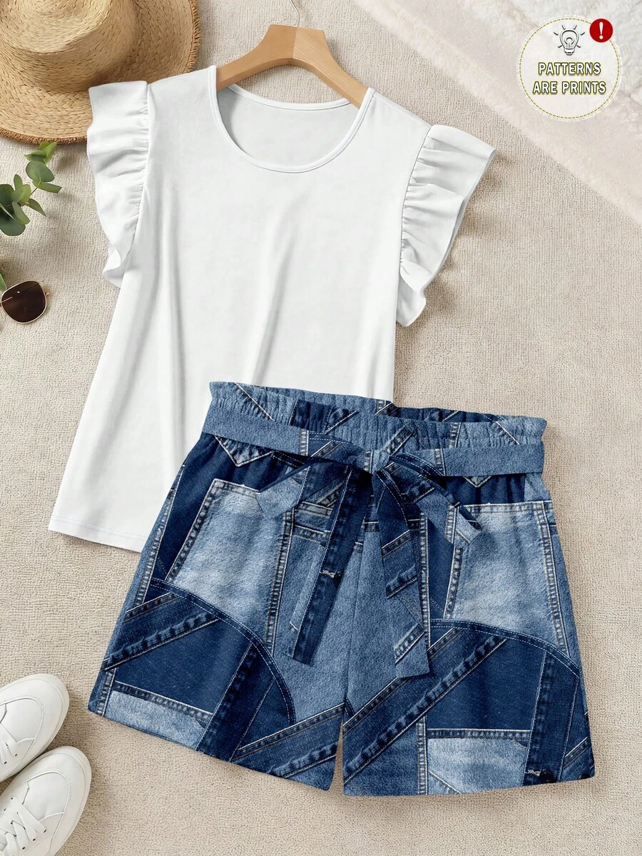 SHEIN LUNE Plus Size Summer Casual Solid Color Flutter Sleeve Top And Printed Shorts 2-Piece Set - Multicolor - View 1